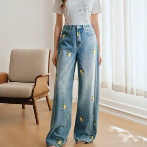 Blue Casual Women's Embroidered Loose Straight-Wide Leg Jeans with Pockets